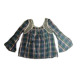 Oddy womens medium large green plaid square neck crochet bell anthropologie shir